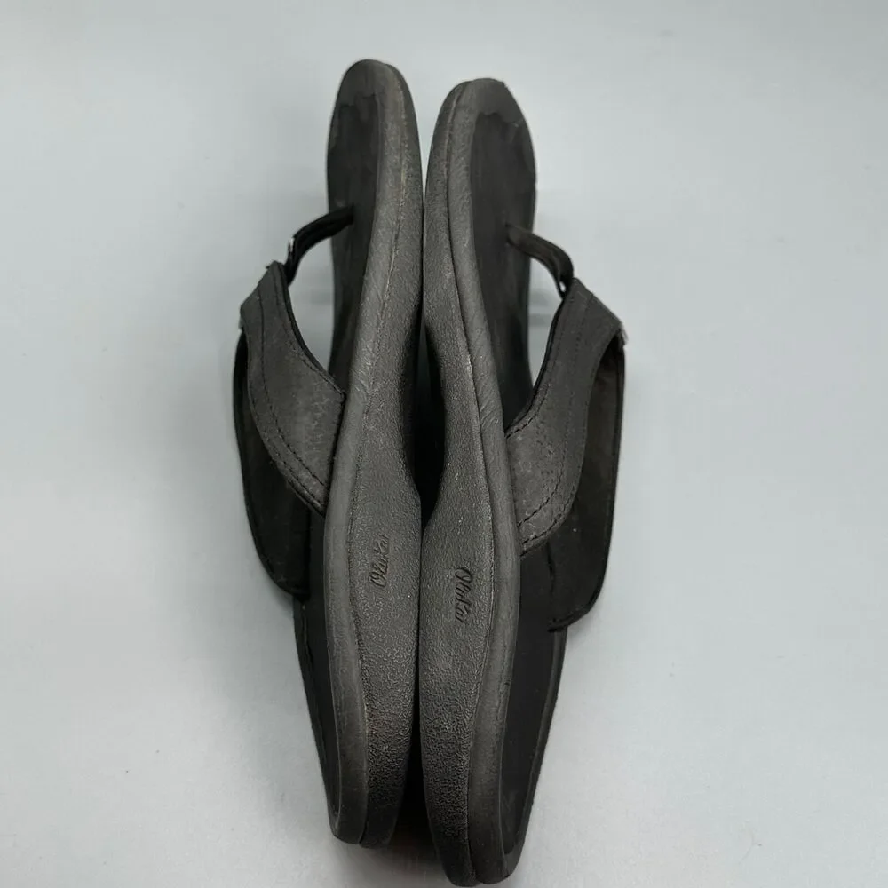 Olukai Ohana Women's Size 8 EUR 38 Flip Flop Thong Black Sandals Leather Shoes